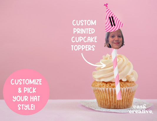 Custom Printed Birthday Party Hat Cupcake Toppers: Die Cut Face