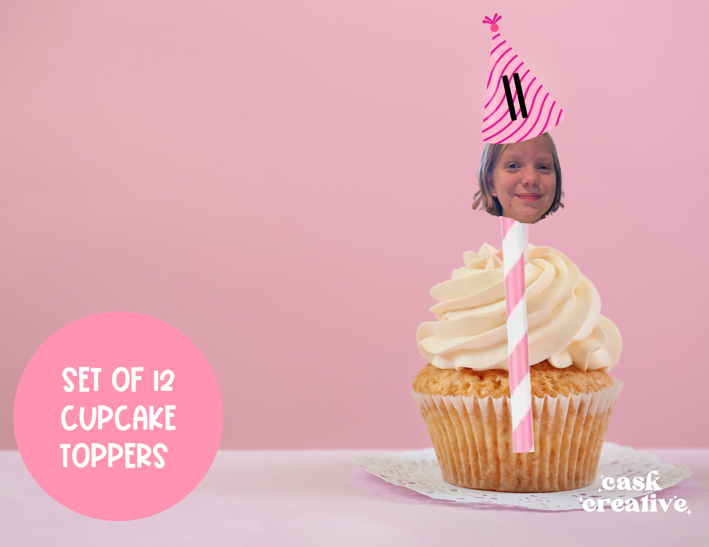 Custom Printed Birthday Party Hat Cupcake Toppers: Die Cut Face