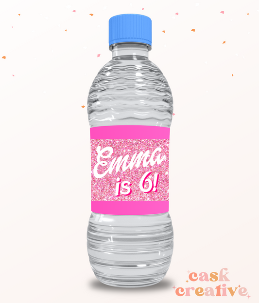 Printed Water Bottle Labels: Girly Pink Glitter Custom with Name and Age