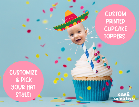 Custom Printed Cupcake Toppers: Die Cut Face Pick Your Hat Style