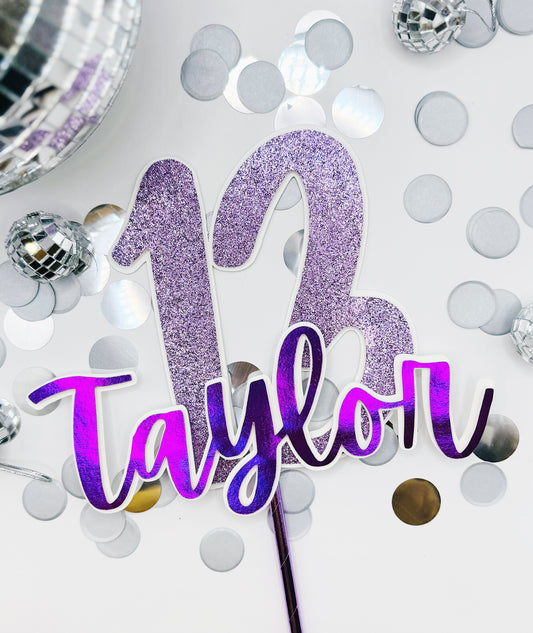 Custom Birthday Cake Topper with Name and Age: Layered Foil Glitter