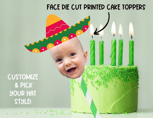 Custom Printed Cake Topper: Die Cut Face Pick Your Hat Style
