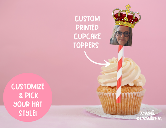 Custom Printed Funny Birthday Cupcake Toppers: Die Cut Face Pick Your Hat Style