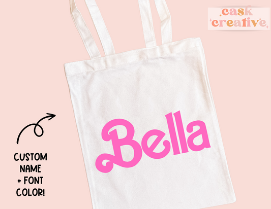 Girly Pink Swirly Name Tote Bag: Custom Name Gift, Pick Your Font Color