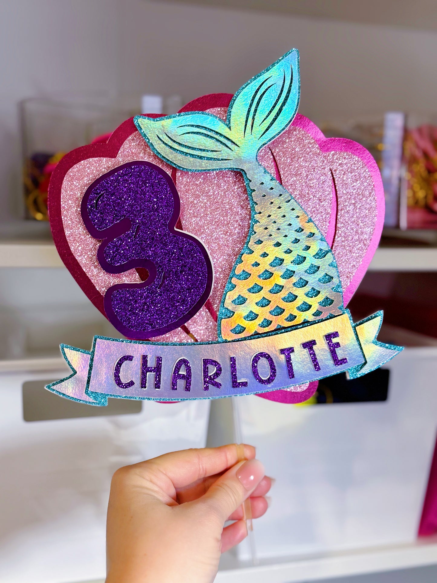 Glitter Mermaid Birthday Cake Topper: Custom with Name and Age