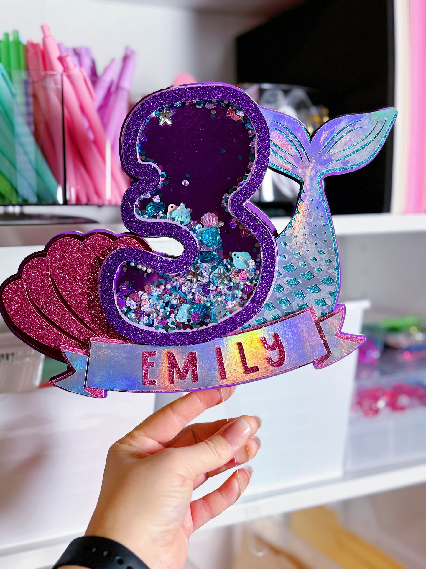 3D Shaker Glitter Mermaid Birthday Cake Topper: Custom with Name and Age