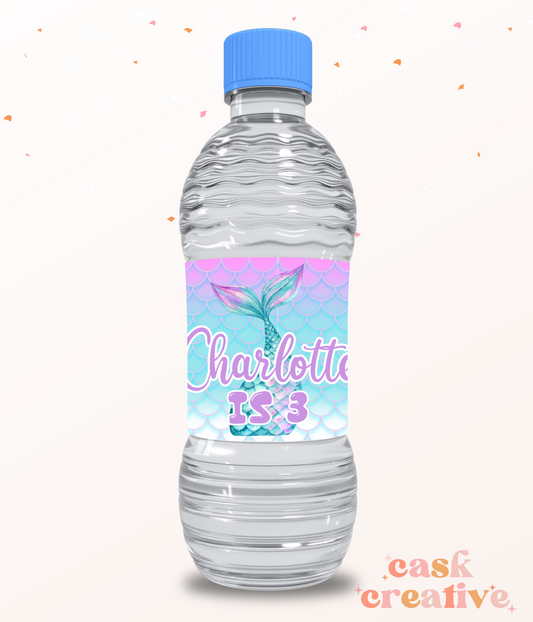 Printed Water Bottle Labels: Purple Teal Mermaid Custom with Name and Age