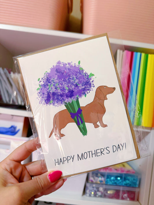 Printed 5x7 Folded Illustration Card: Weiner Dog with Flowers