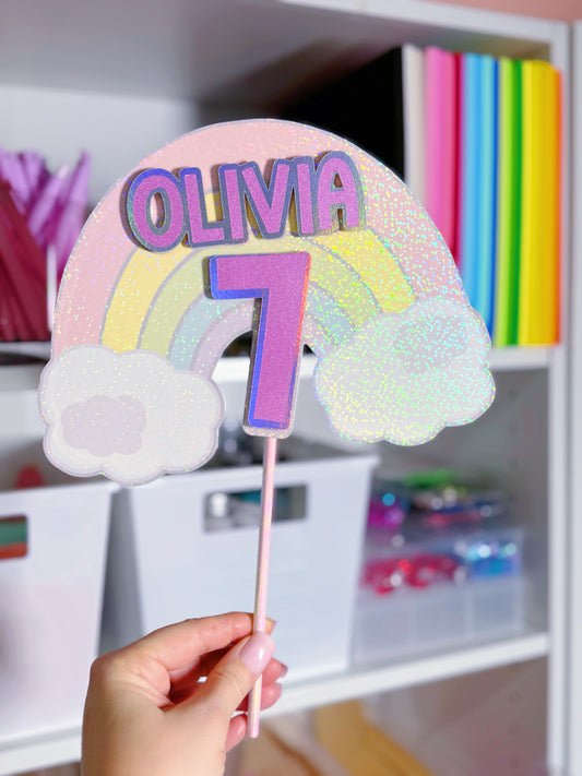 Basic Pastel Rainbow Birthday Cake Topper: Custom with Name and Age