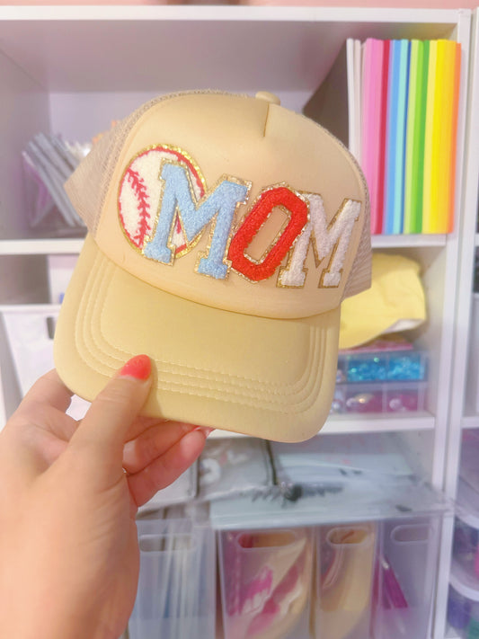 Sports Mom Trucker Hat with Chenille Patches - Choose your sport