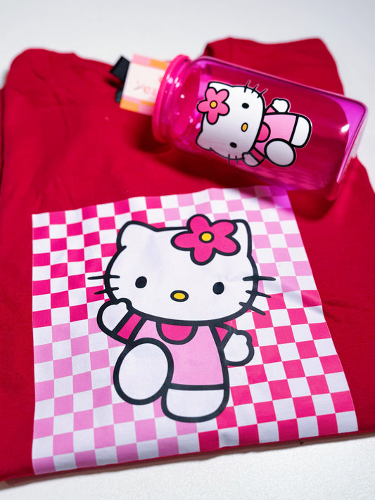 Bundle Sale Red T-shirt, Glass Cup with Lid : Hello Kitty