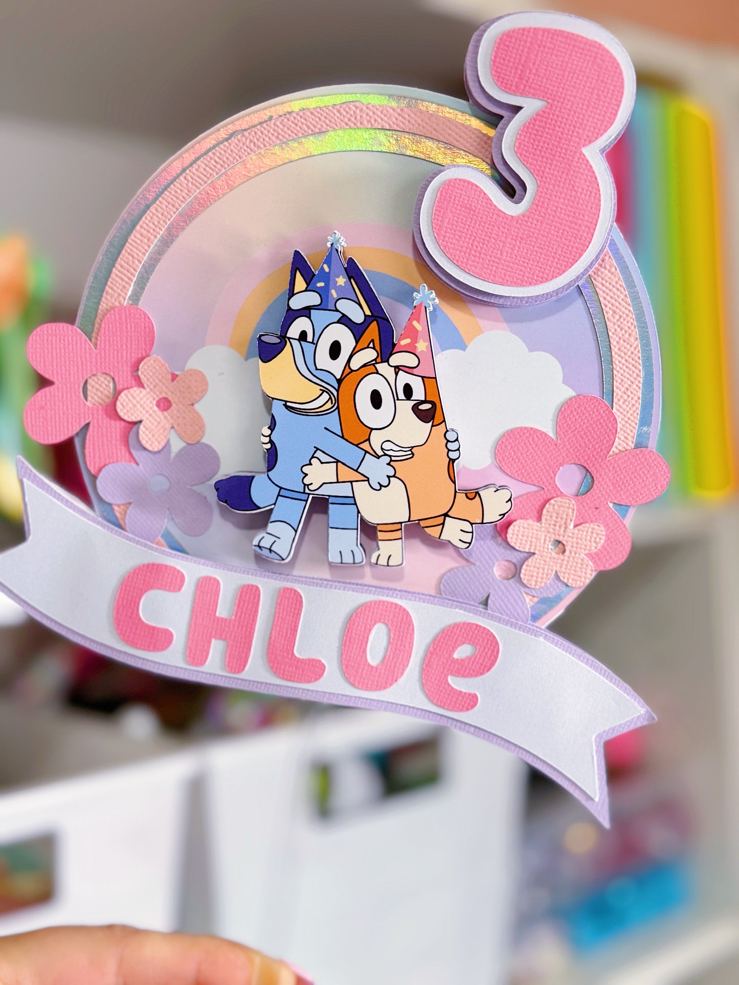 Blue Dogs Boho Flowers Birthday Cake Topper: Custom with Name and Age