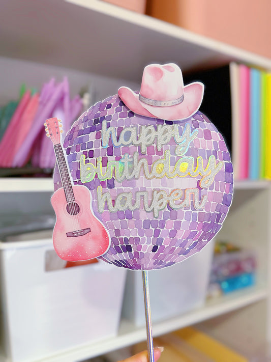 Basic Purple Disco Cowgirl Birthday Cake Topper: Custom with Name