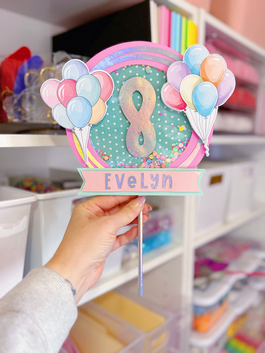 Deluxe Balloon Birthday Shaker Cake Topper: Custom with Name and Age