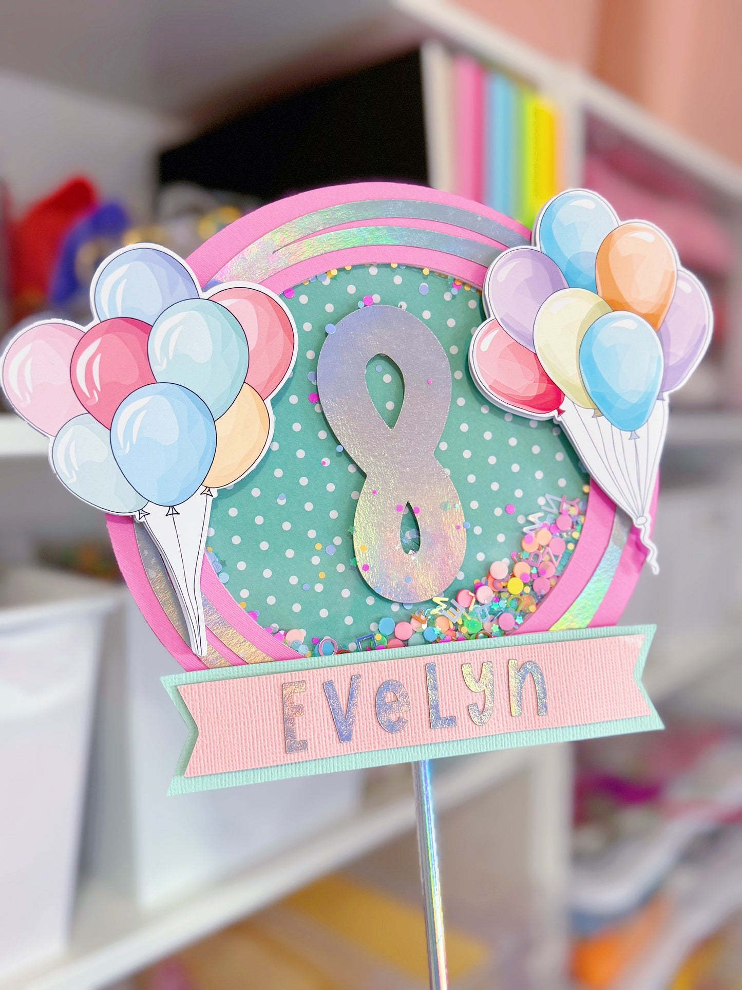 Deluxe Balloon Birthday Shaker Cake Topper: Custom with Name and Age