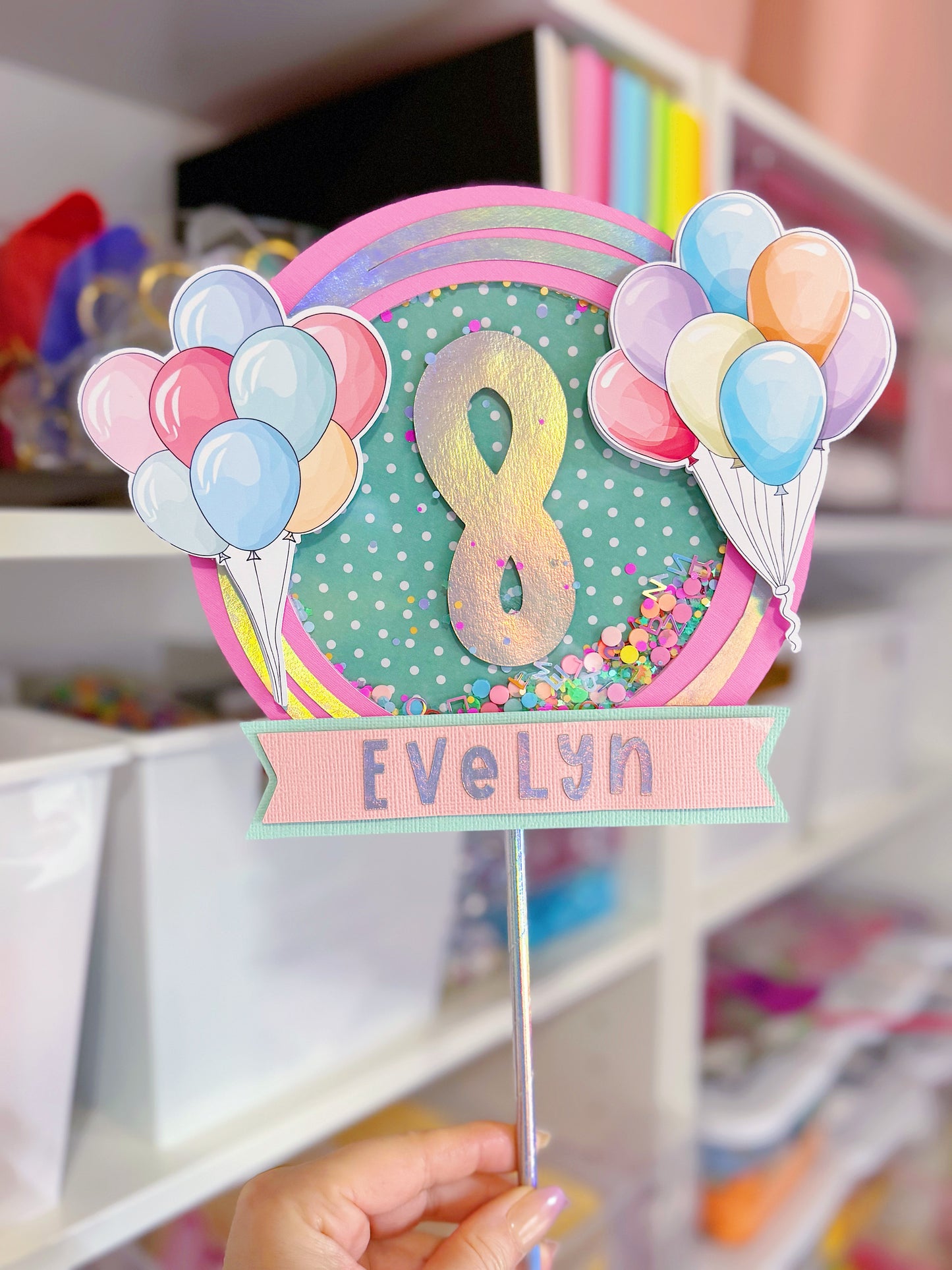 Deluxe Balloon Birthday Shaker Cake Topper: Custom with Name and Age