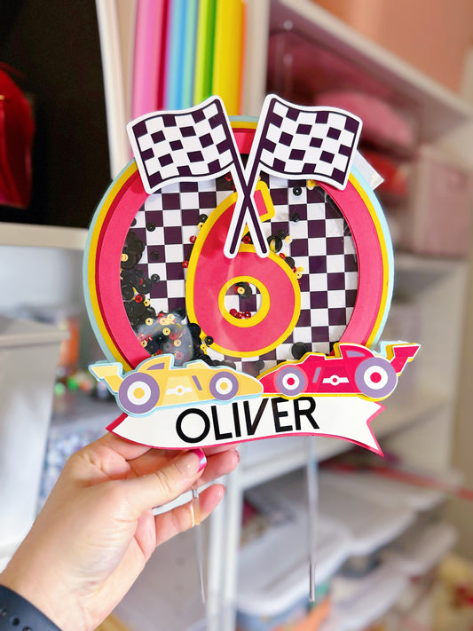 Deluxe Shaker Race Car Birthday Cake Topper: Custom with Name and Age