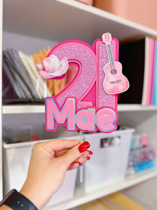 Basic Pink Glitter Cowgirl Birthday Cake Topper: Custom with Name and Age