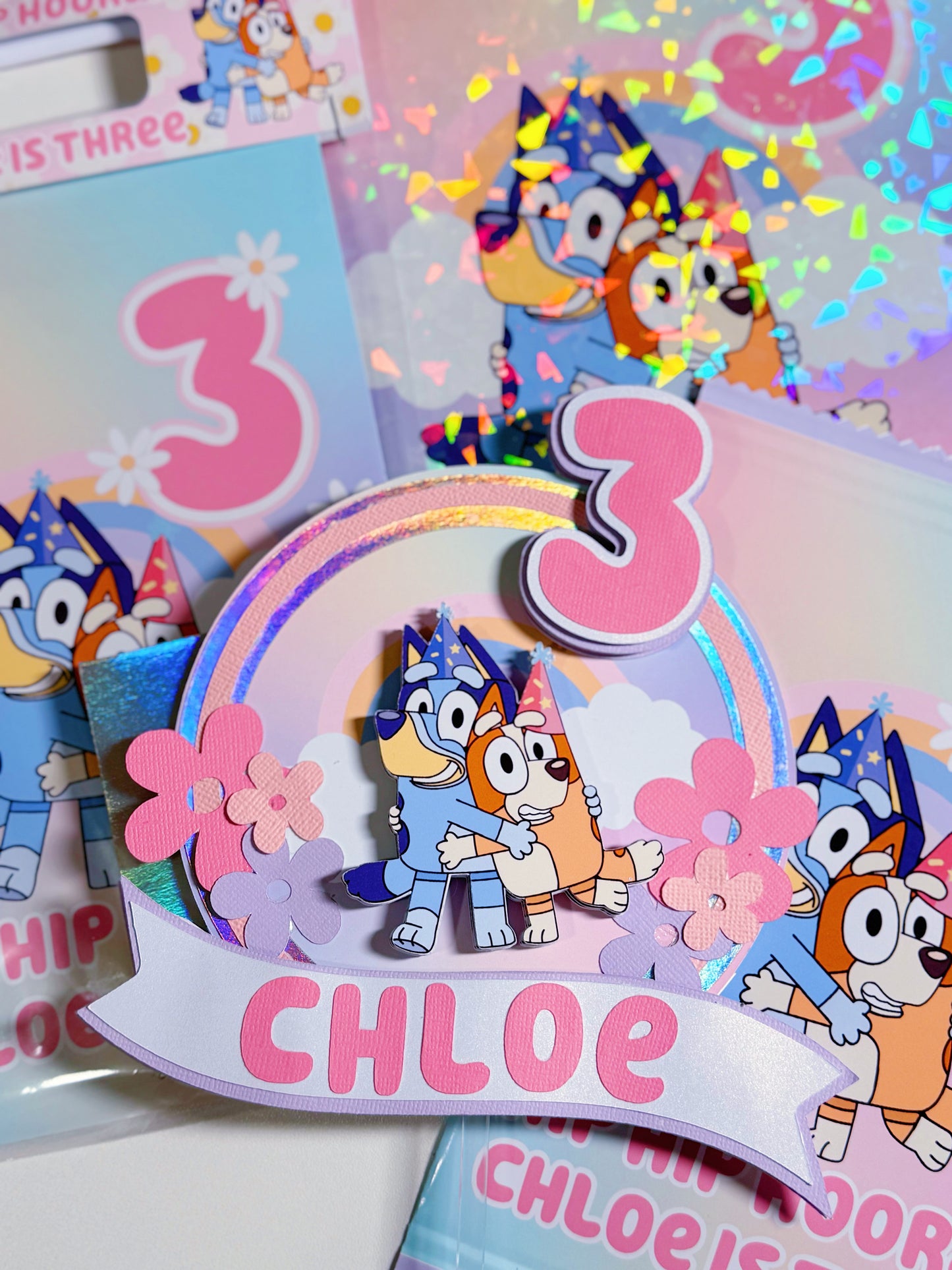 Blue Dogs Boho Flowers Birthday Cake Topper: Custom with Name and Age