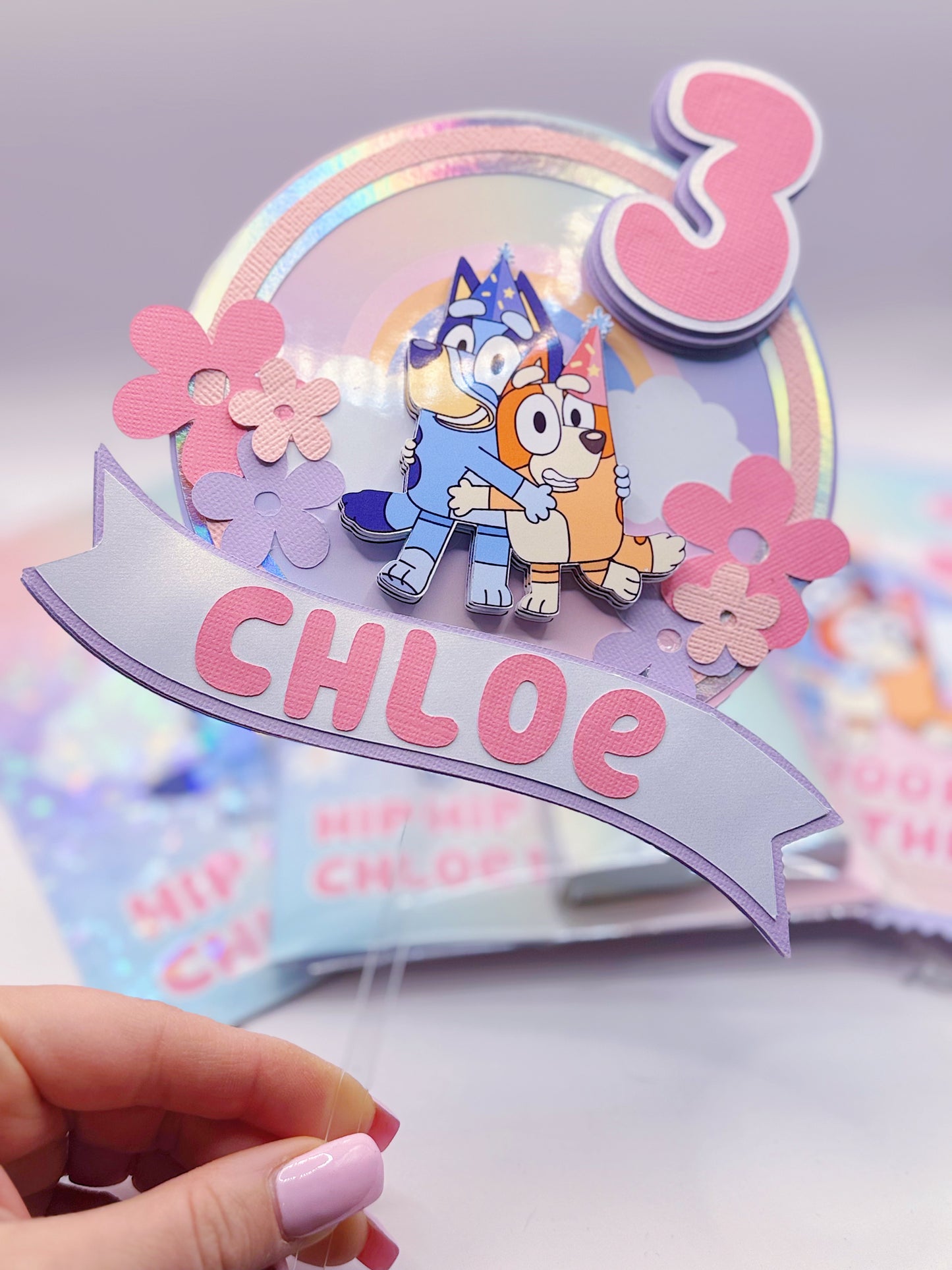 Blue Dogs Boho Flowers Birthday Cake Topper: Custom with Name and Age