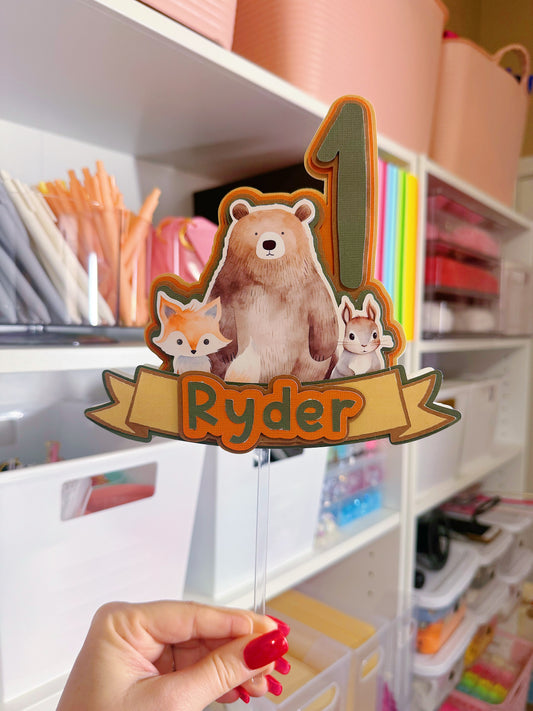 3D Woodlands Animals Birthday Cake Topper: Custom with Name and Age