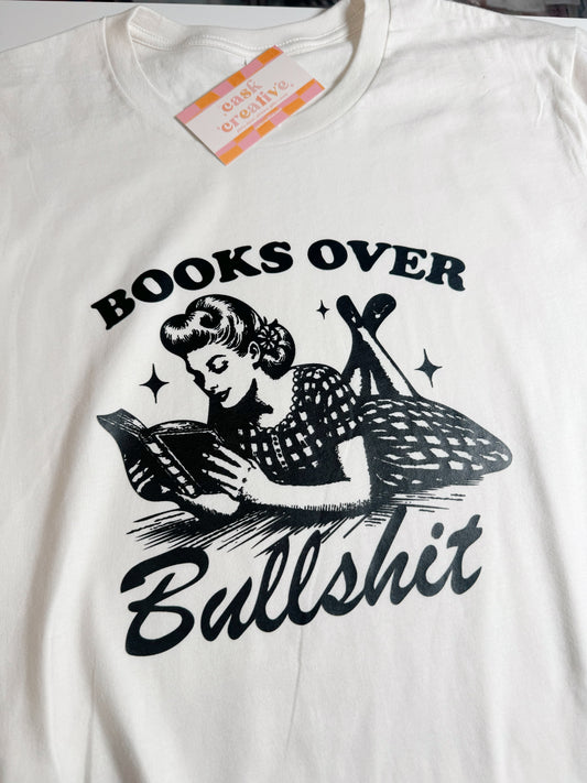 Vintage White Adult T-shirt: Books Over Bullshit