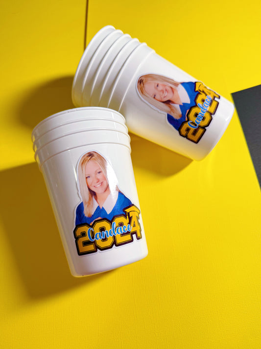 Graduation 2024 Reusable White Cups: With Custom Wording and Photo