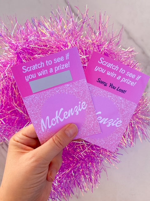 Party Favors: Custom Wording Scratch off Card Girly Pink Glitter