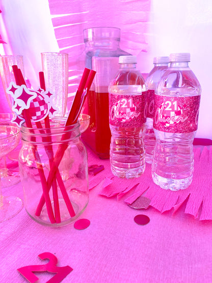 Printed Water Bottle Labels: Pink Disco Custom with Name and Age