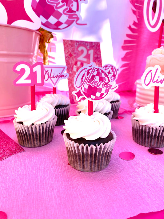 Cupcake Toppers: Pink Disco Custom with Name Variety Pack