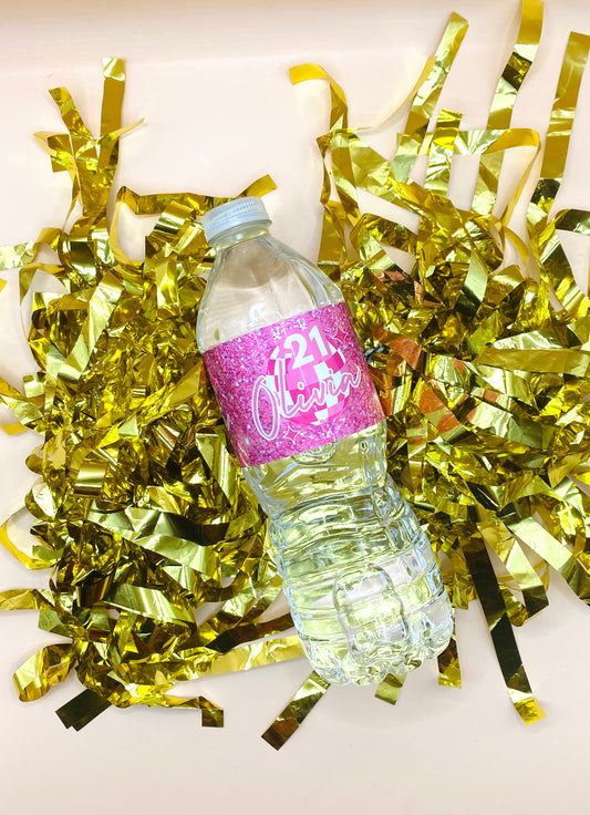Printed Water Bottle Labels: Pink Disco Custom with Name and Age