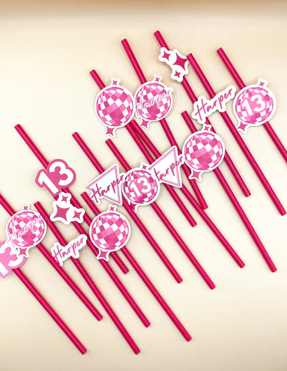 Party Straw Toppers: Pink Disco Variety Pack Custom with Name and Age