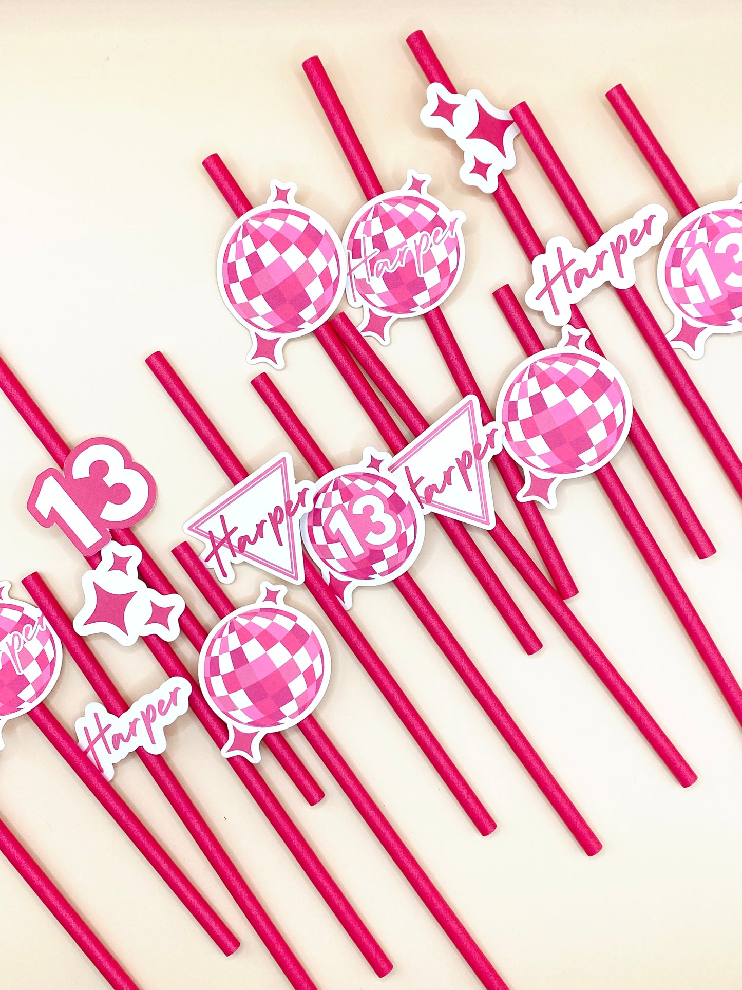 Party Favor Printed Drink Straw Toppers: Pink Disco Custom with Name