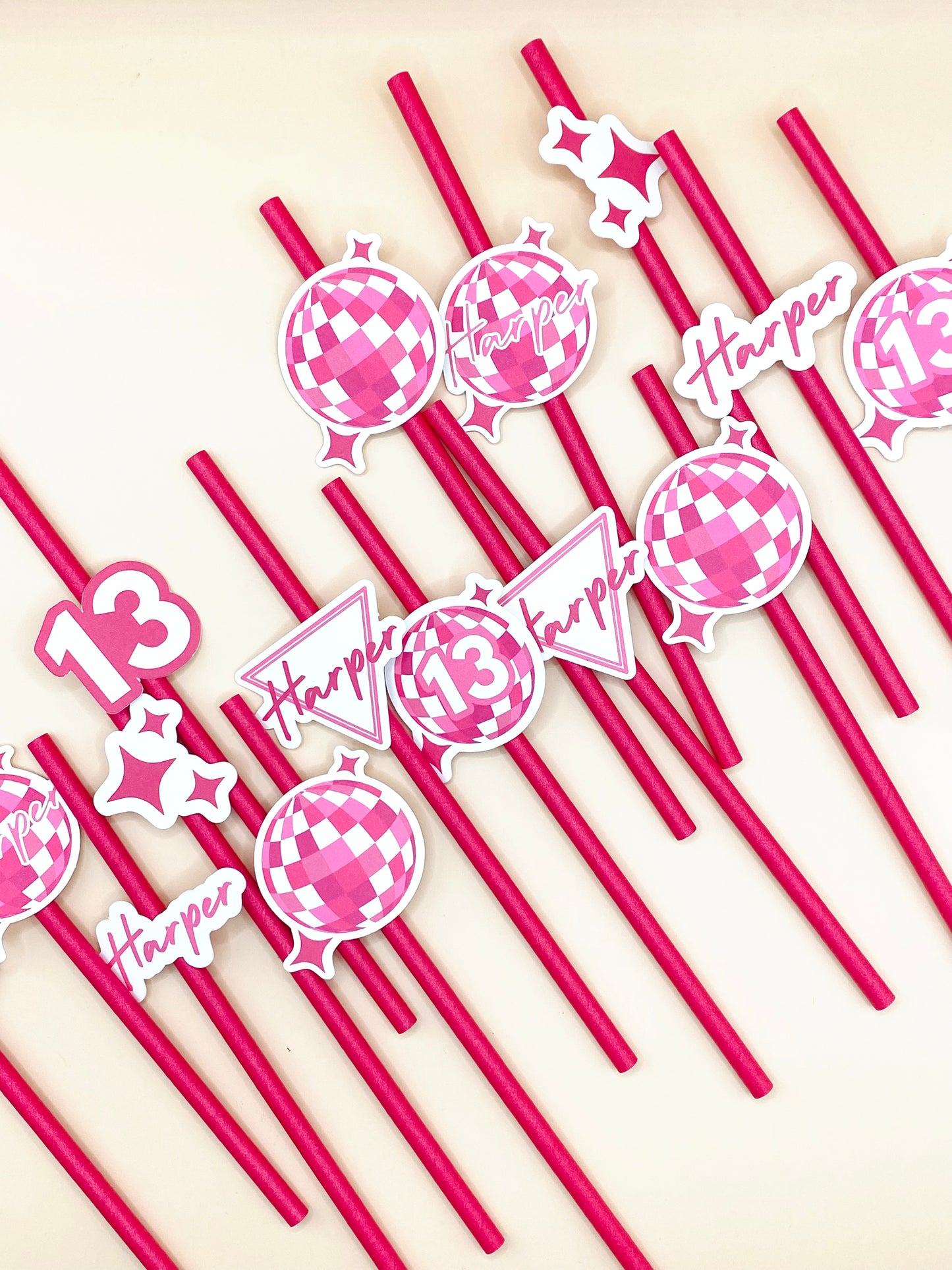 Party Straw Toppers: Pink Disco Variety Pack Custom with Name and Age