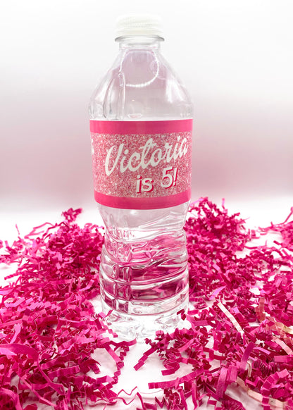 Printed Water Bottle Labels: Girly Pink Glitter Custom with Name and Age