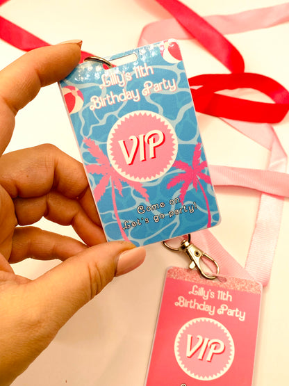 Party Favors: Girly Pink Glitter Custom VIP Pass with Lanyard