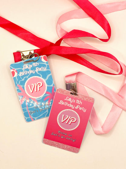 Party Favors: Girly Pink Glitter Custom VIP Pass with Lanyard