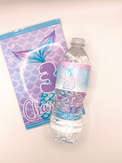 Printed Water Bottle Labels: Purple Teal Mermaid Custom with Name and Age