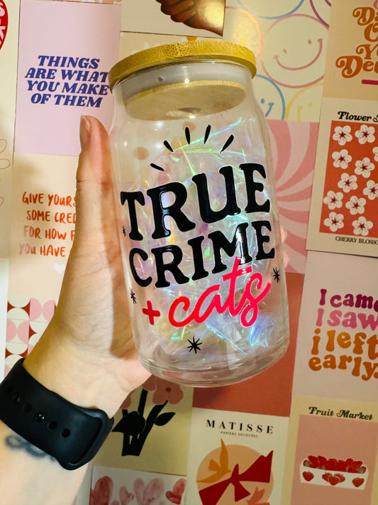 Glass Mug with Lid and Straw: True Crime and Cats