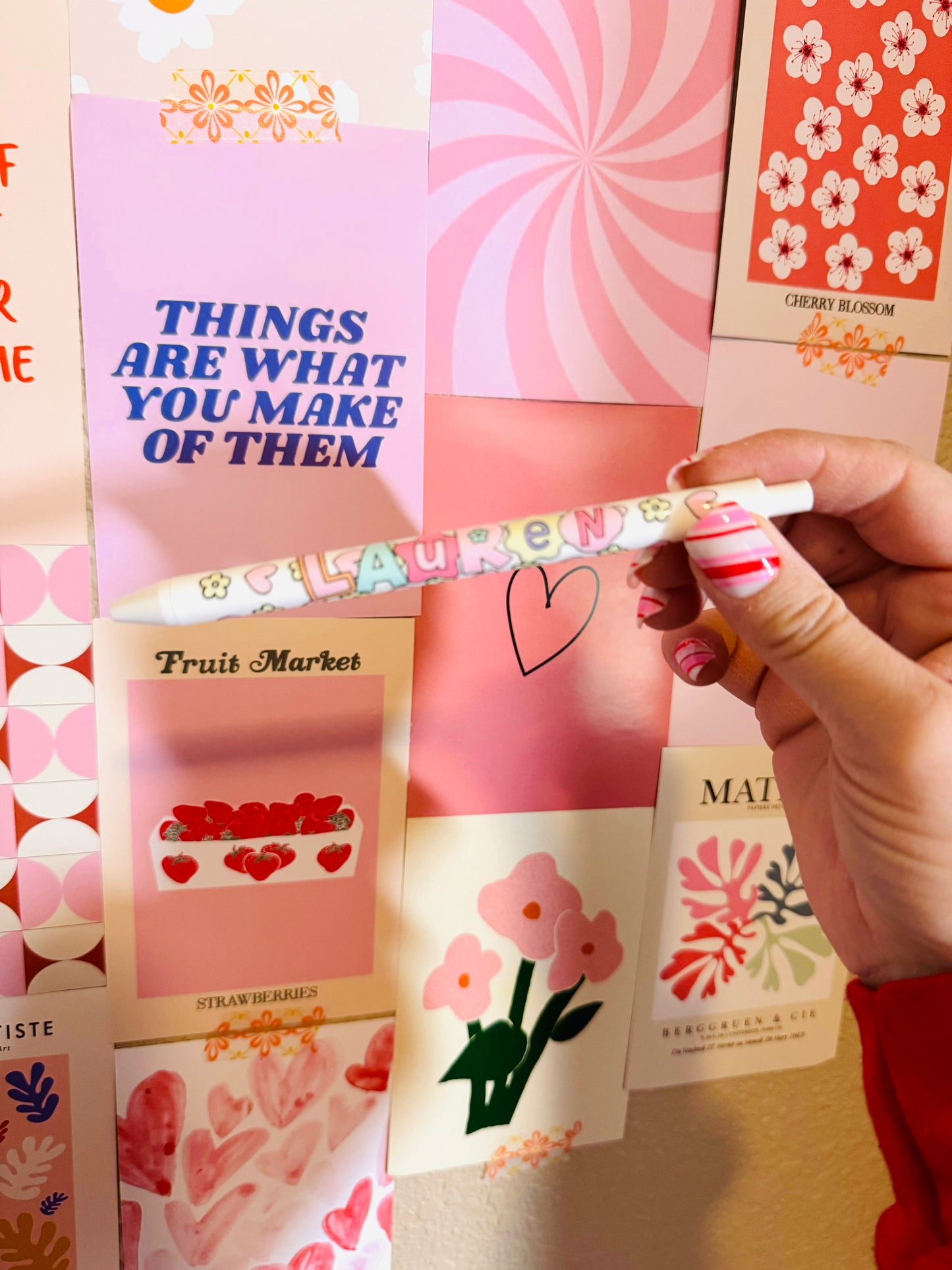 Stationery Pen Custom Name Gift: Pastel Retro Heart and Flowers