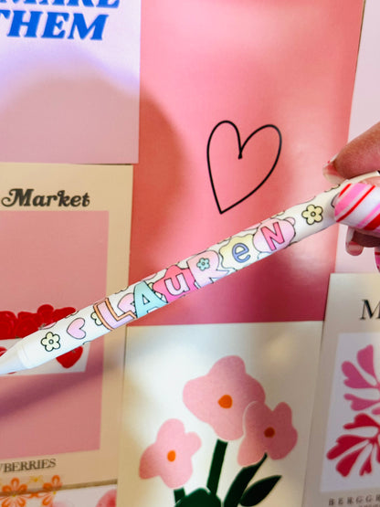 Stationery Pen Custom Name Gift: Pastel Retro Heart and Flowers
