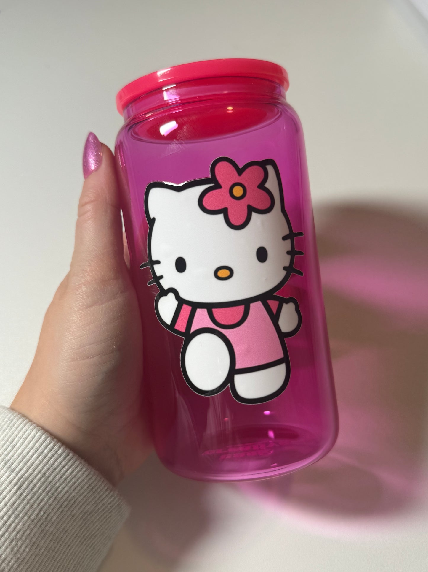Pink Glass Mug with Lid and Straw: Hello Kitty