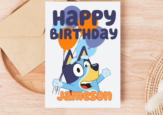 Blue Birthday Dogs Printed Folded Card with Name