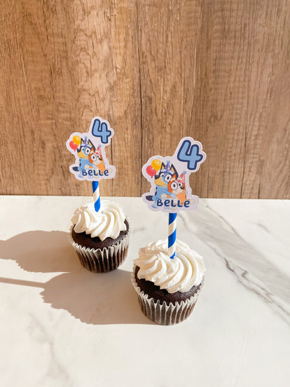 Cupcake Toppers: Custom Name with Age Blue Birthday Dogs