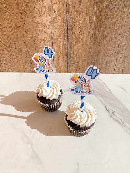 Cupcake Toppers: Custom Name with Age Blue Birthday Dogs