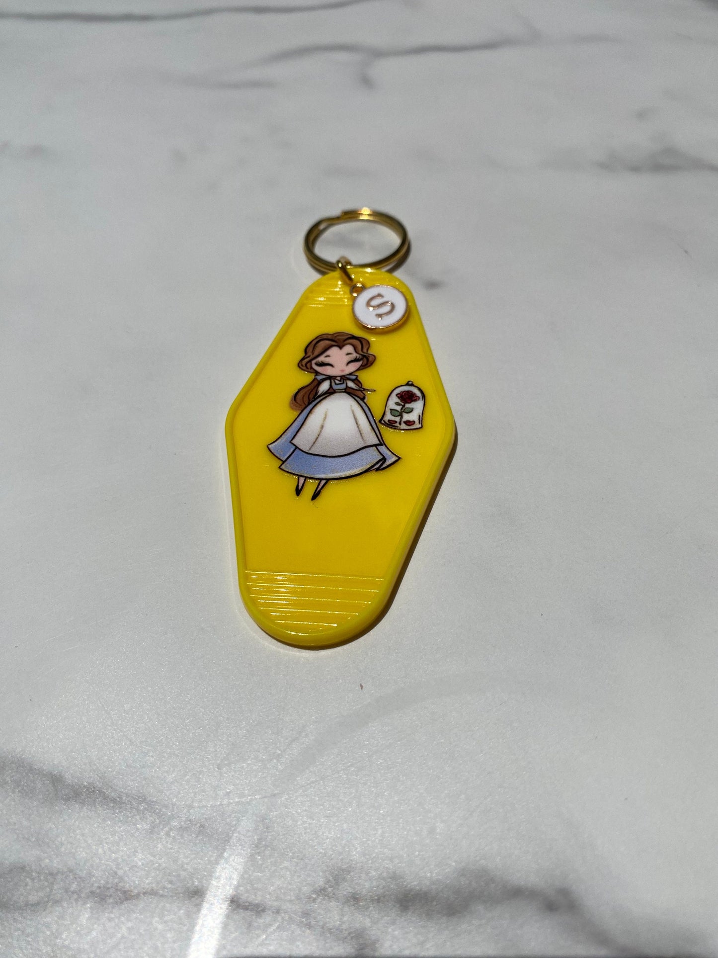 Motel Keychain: Yellow Belle and Rose with Letter Initial Charm