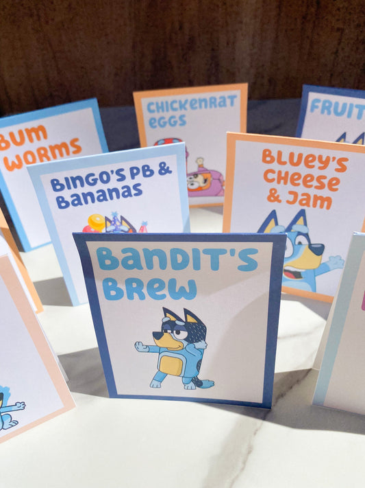 Printed Food Beverage Tent Cards: Blue Birthday Dogs