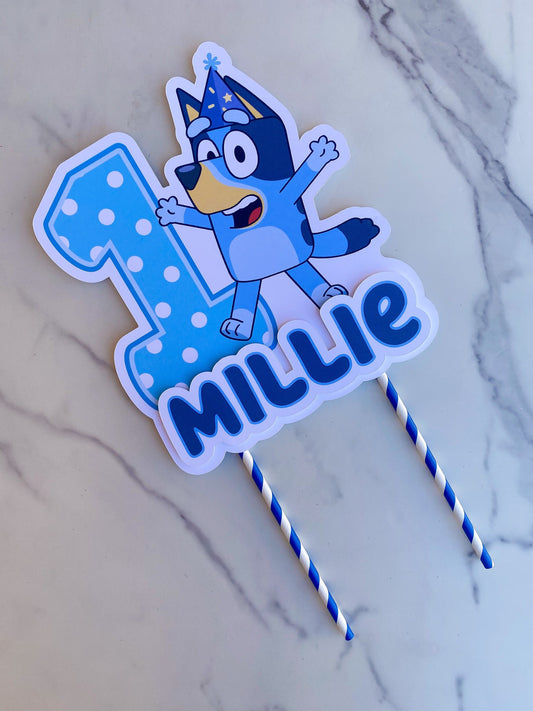 Custom Name Cake Topper: Blue Polka Dot Number Blue Birthday Dogs