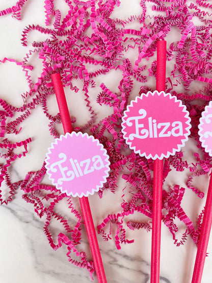 Straw Toppers: Girly Pink Custom with Name