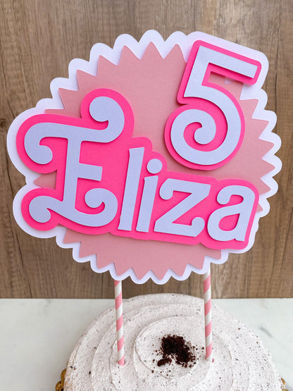 Cake Topper: Girly Pink and White, Custom with Name and Age